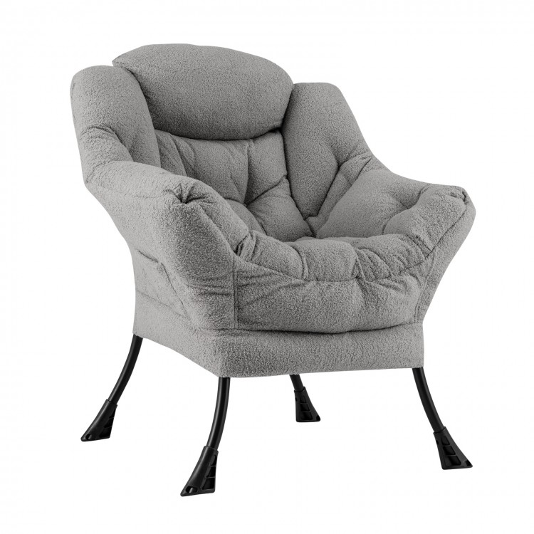 Cozy gray Sherpa upholstered accent chair with ergonomic support and soft head pillow, ideal for living rooms and.